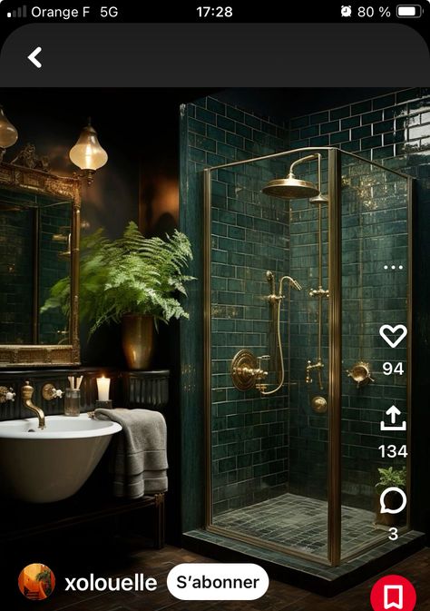 Green And Gold Ensuite, Dark Green And Gold Bathroom Ideas, Black Green Gold Bathroom, Green Black And Gold Bathroom, Emerald Bathroom Ideas, Dark Green Bathroom Tiles, Dark Green Shower Tile, Dark Green And Black Bathroom, Dark Green And Gold Bathroom