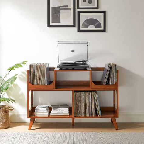 CROSLEY FURNITURE Asheville Walnut Large Record Storage Console CF1148-WA - The Home Depot Record Table Decor, Record Player Bedroom, Mid Century Modern Media Console, Record Player Table, Modern Media Console, Record Shelf, Studio Bedroom, Turntable Stand, Manifest Board