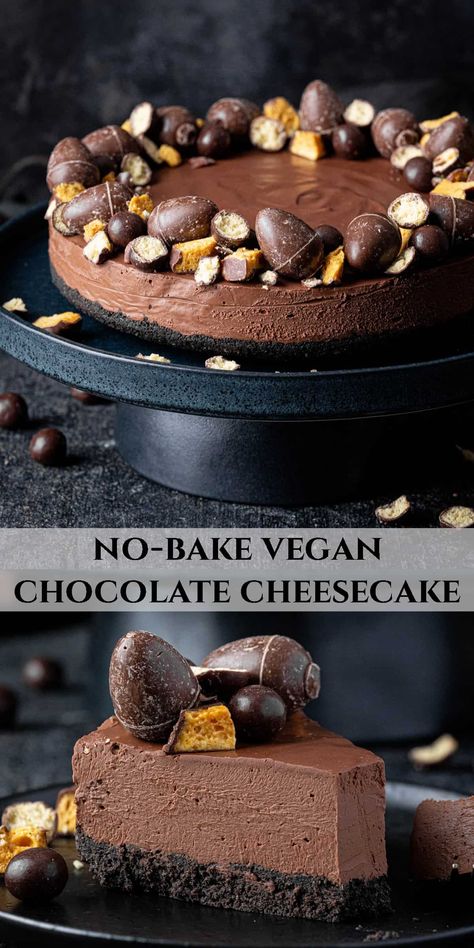 Vegan chocolate cheesecake - this no-bake dairy free chocolate cheesecake is really easy to make, rich, creamy and intensely chocolatey!  It would be a great decadent dessert for Easter, or any celebration. It can be made with either vegan cream cheese OR silken tofu, and contains no coconut or cashews! Vegan Opera Cake, Vegan Coconut Cheesecake, Vegan Cheesecake Silken Tofu, Cashew Desserts Vegan, Vegan Recipes With Coconut Cream, Six Vegan Sisters Recipes, Dairy Free Chocolate Cheesecake, Dairy Free Gluten Free Cheesecake, Tofu Cheesecake Recipe