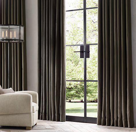 Patio Door Drapes, Modern Draperies, Dark Drapes, House Curtains, Drapes And Curtains, Drapes And Blinds, Hearth Room, House And Home, Dark Walls