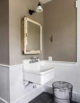 Martha Stewart Paint in Mushroom (for paneling instead of brook trout [too close to the bedroom color]) White Bathroom Colors, Best Bathroom Paint Colors, Bathroom Wall Colors, Best Bathroom Colors, Small Bathroom Paint, Vintage Style Bathroom, Taupe Walls, Bathroom Color Schemes, Bathroom Paint Colors