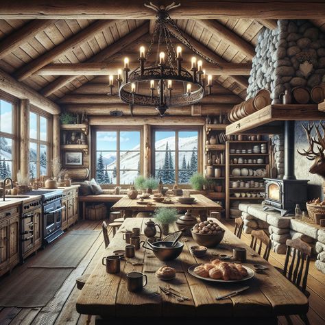 A cozy kitchen in a cabin features a wooden table with hot cocoa and pastries, with views of snowy mountains. Antique pots hang above a vintage stove. The chandelier casts a warm glow. #RusticInterior #CabinLife #CozyHome #MountainViews #VintageKitchen #WinterRetreat Snowy Mountain Cabin, Fantasy Cabin, Antique Pots, Vintage Stove, Vintage Stoves, Cabin Kitchen, Cabin Kitchens, Snowy Mountain, Cozy Kitchen