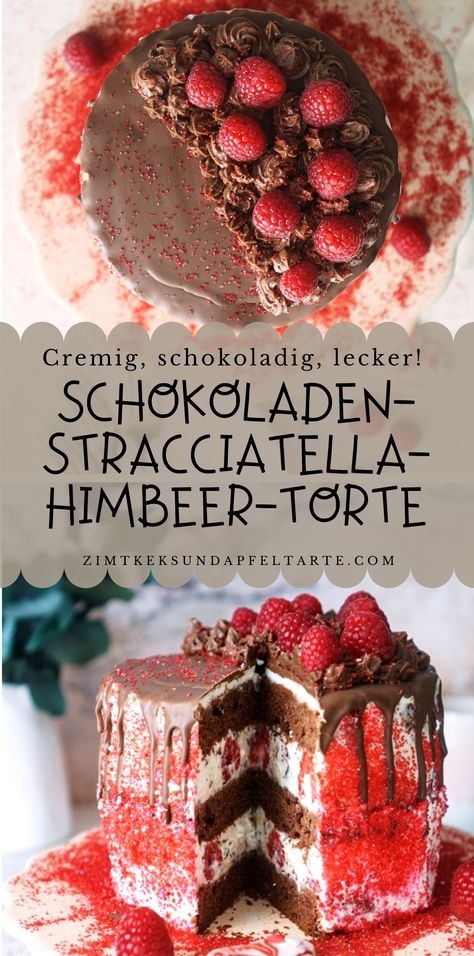 Wundervolles Törtchen in 20 cm - ganz einfache Schokoladenböden, wundervoll cremige Stracciatella-Füllung mit Frischkäse-Creme, Sahne und Mascarpone und leckeren Himbeeren. Tolle Torte zum Muttertag, Geburtstag, Valentinstag, Hochzeit und und und. Super leckeres einfaches und gelingsicheres Rezept zum Selber backen. #zimtkeksundapfeltarte Sweet Desserts, Kitchen Aid, Cooking And Baking, Sweet Recipes, Baking Recipes, Food And Drink, Baking, Cake