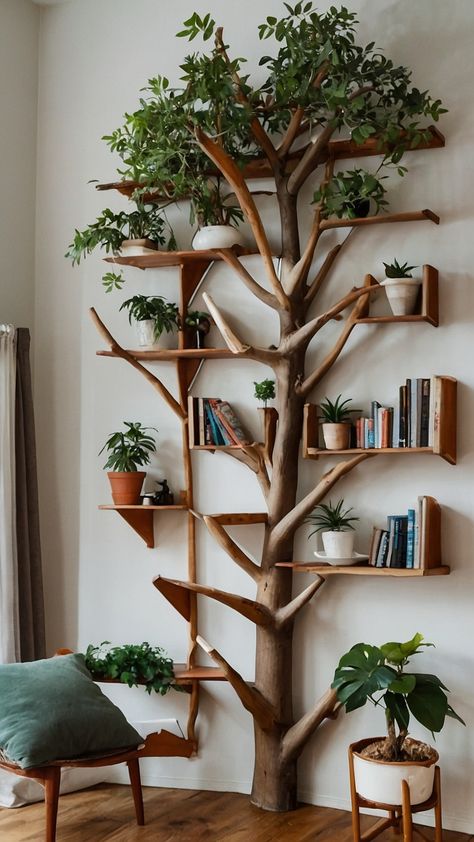 Explore the beauty of Tree Branch Shelves with this DIY Bedroom Grunge Room Corner Wall Brackets Floating Tutorial Discover how to create unique Plant Wall Shelves using Tree Branch Shelf designs for a rustic touch Cool Diy Shelves, Diy Wall Book Shelf, Tree Shelf Diy, Tree Bookshelf Diy, Diy Tree Branch Decor, Plant Wall Shelves, Tree Branch Shelf, Branch Shelves, Diy Tree Branch