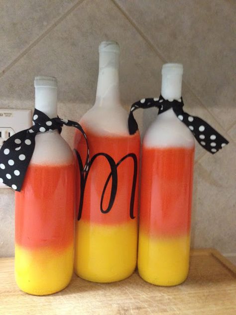 Candy Corn Wine Bottles Glam Pumpkins, Candy Corn Crafts, Wine Bottle Crafts Christmas, Bottle Decorations, Bottles Diy, Painted Bottles, Harvest Decor, Painted Items, Bottle Ideas