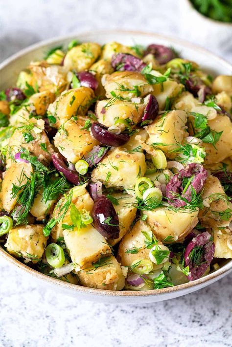 Potato Salad Olive Oil, Greek Potatoe Salad Recipe, Mediterranean Potato Salad Recipes, Greek Potatoes Salad, Lemon Greek Potato Salad, Lemon Herb Potato Salad, Medatrainian Side Dishes, Greek Potato Salad No Mayo, Greek Style Potato Salad