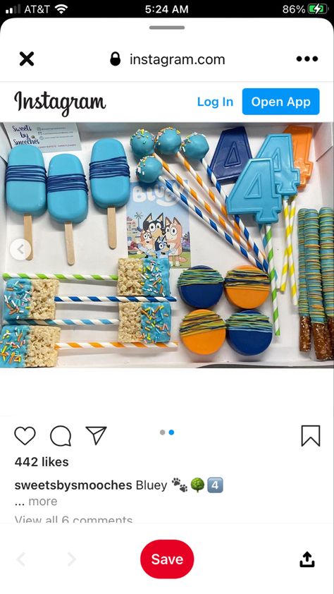 Bluey Theme Oreos, Bluey Birthday Rice Krispies, Bluey Theme Chocolate Covered Oreos, Bluey Theme Dessert Table, Bluey Party Dessert Table, Bluey Birthday Sweets, Bluey Theme Rice Krispies, Bluey Themed Desserts, Bluey Birthday Treat Table