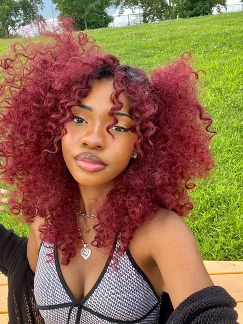 Red Hair Aesthetic Black Women, Magenta Curly Hair Black Women, Ginger And Burgundy Natural Hair, Red Curly Hairstyles For Black Women, Cherry Red Curly Hair Black Women, Burgundy Red Hair Curly, Black Girls With Red Hair Dyed, Curly Dyed Hair Natural Curls Red, Curly Hair Red Dye