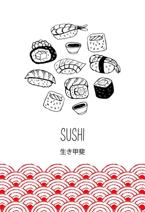 Set of hand drawn different Japanese sushi and rolls. Vector illustration. The hieroglyph means the Meaning of life. Sushi Roll Illustration, Sushi Aesthetic Art, Kin Drink, Sushi Illustration Graphics, Sushi Art Illustration, Sushi Graphic Design, Sake Illustration, Sushi Ads, Sushi Drawings