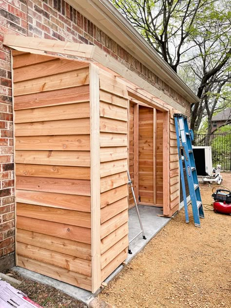 Shed Behind Garage, Backyard Small Shed Ideas, Narrow Sheds Ideas Backyard, Build Garden Shed, Homemade Sheds Diy, Easy Garden Shed Diy, Garden Shed With Firewood Storage, Lean To Shed Against Garage, Large Lean To Shed