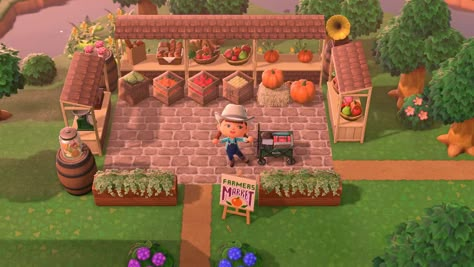 Acnh Farmers Market Stall, Animal Crossing Farmers Market Ideas, Farmers Market Animal Crossing, Acnh Farmers Market Idea, Animal Crossing Farmers Market, Acnh Market Inspiration, Acnh Farmers Market, Animal Crossing 3ds, Animals Crossing