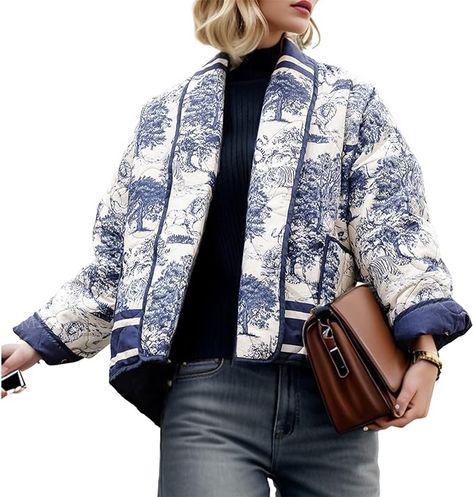 Womens Quilted Jacket, Fall Cardigans, Vintage Flower Prints, Cropped Puffer Jacket, Casual Cardigans, Cotton Coat, Quilted Coat, Fall Jackets, Print Jacket