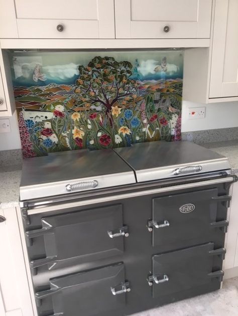 Aga splash backs, Unique designs to fit in with your kitchen ideas. any shape and size.  I love this splash back matching in beautiful new grey AGA. Give me your ideas and I can turn them into your own personal panels. get in touch debsinledbury@live.co.uk Aga Backsplash, Cooker Splashback Ideas, Splashback Ideas, Aga Cooker, Splash Backs, Barn Kitchen, Range Cooker, Kitchen Tiles, Double Wall Oven