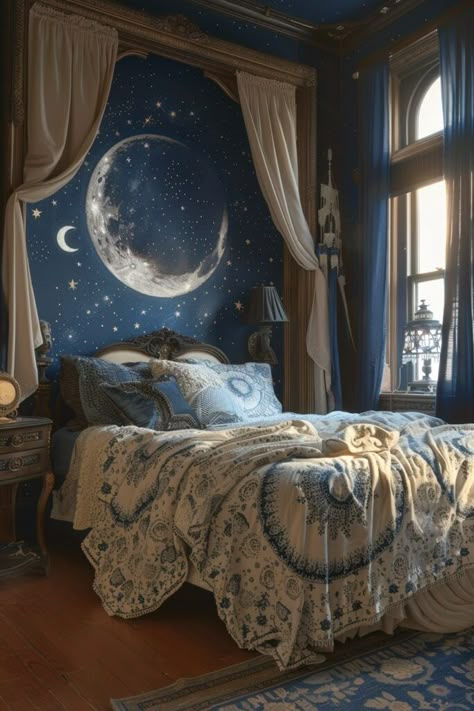 29 Enchanted Bedroom Ideas For Inspiration 3 Starry Bedroom Aesthetic, Blue Room Curtain Ideas, Moon Room Aesthetic, Serenity Bedroom, Red Bedroom Walls, Enchanted Bedroom Ideas, Enchanted Bedroom, Celestial Bedroom, Atmosphere Aesthetic