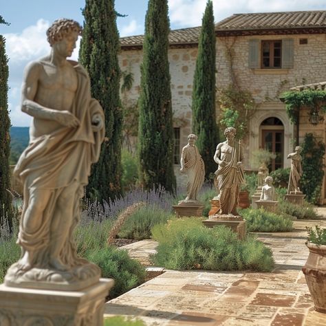 Garden With Statues Aesthetic, Roman Exterior Design, Greek Fountain Gardens, Greek Statue Garden Aesthetic, Ancient Greek Garden Aesthetic, Greek Garden Statues, Italian Gardens Courtyard, Roman House Aesthetic, Greco Roman Aesthetic