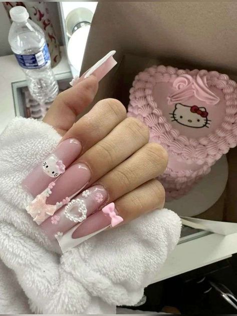 Hello Kitty Nails Aesthetic, Hello Kitty Nails Long, Cutesy Nails, Hello Kitty Nails Art, Kitty Nails, Diy Acrylic Nails, Hello Kitty Nails, Classy Acrylic Nails, School Nails