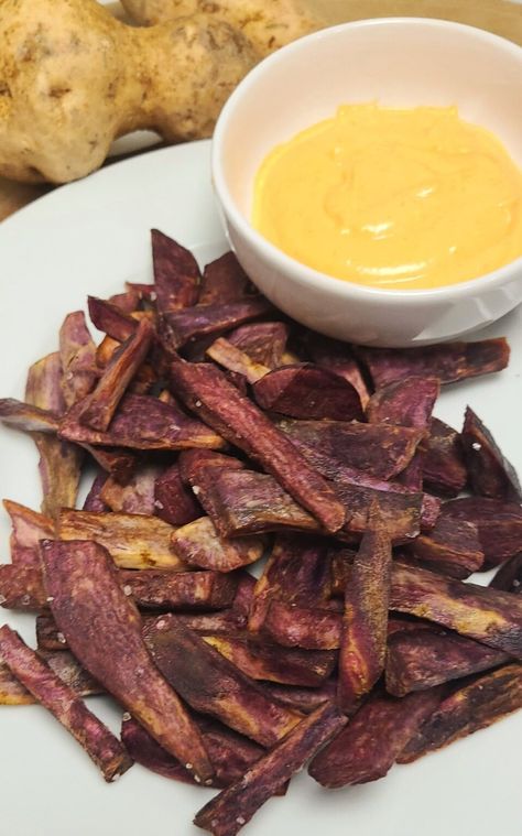 Air Fryer Purple Sweet Potatoes, Purple Sweet Potato Air Fryer, Purple Potatoes Air Fryer, Tofu Snacks, Purple Potato Recipes, Yam Fries, Taro Recipes, Food Chemistry, Potato Appetizers