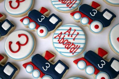 Ideas for Train Cookies #trains #traintheme Train Birthday Theme, Bakery Instagram, Train Theme Birthday Party, Train Cookies, Thomas Birthday Parties, Thomas Birthday, Party Cookies, Train Theme, Trains Birthday Party