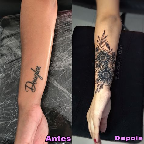 Flower Tattoo On Wrist Cover Up, Covered Up Tattoos For Women, Tattoo Cover Up Forearm Women, Cover Up Tattoos Back Of Arm, Family Cover Up Tattoos, Cover Up With Flowers Tattoo, Cover Up Tattoos On Forearm, Name Cover Up Tattoos For Women On Wrist, Floral Wrist Tattoo Cover Up