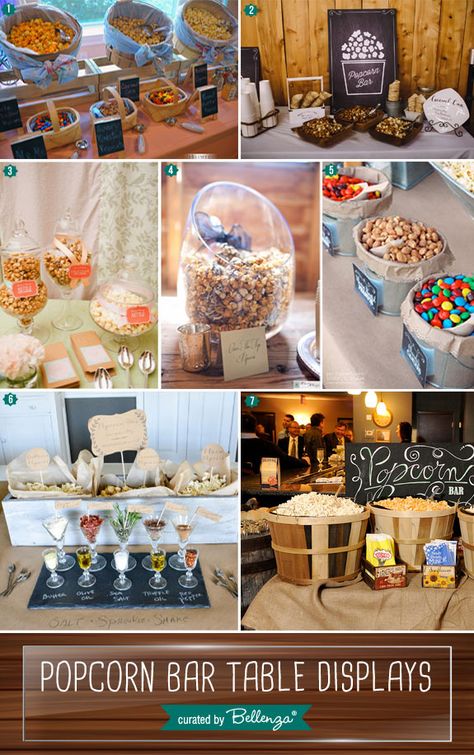 POP! How to set up a #popcorn bar at your wedding!  #popcornbars #popcornweddingstations #popcornfavors #popcornpartyfood #popcornflavors #popcornbarideas Popcorn And Candy Bar Wedding, Rustic Popcorn Bar, Popcorn And Pretzel Bar Wedding, Popcorn Bar For Wedding, Popcorn Display Ideas, Elegant Popcorn Bar, Popcorn Bar Setup, Popcorn Buffet Wedding, Popcorn Station Wedding