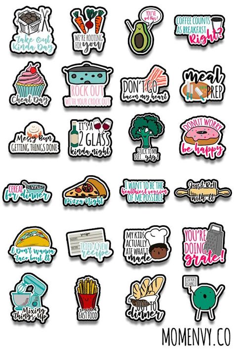 FREE Funny Meal Planning Stickers. 24 different designs are available to download. These meal planner stickers include free Silhouette files as well. Make meal planning more fun with these adorable adulting planner stickers. They're perfect to use with the Happy Planner, Erin Condren, Recollections, and more. #adulting #plannerlover Free Silhouette Files, Sticker Printable, Free Printable Planner Stickers, Free Planner Stickers, Free Printable Stickers, Free Silhouette, Tumblr Stickers, Scrapbook Stickers Printable, Planning Stickers