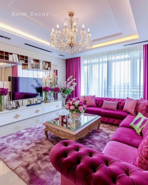 PINK 💕💫 Room Decor 🙂‍↔️ #explorepage✨ Hot Pink Living Room, Modern Elegant Living Room, Unique Ceiling Design, Hot Pink Room, Beautiful Dorm Room, Modern Glam Living Room, Pink Era, Vampire Romance, Apartment Decorating Living