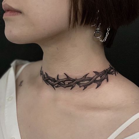 Crown Of Thorns Tattoo Design, Tattoo Around Neck, Thorns Tattoo Design, Crown Of Thorns Tattoo, Thorns Tattoo, Collar Bone Tattoo For Men, Collar Tattoo, Tattoo On Neck, Thorn Tattoo