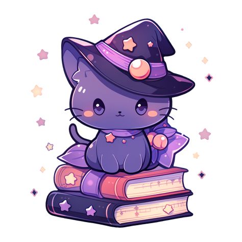 Cute Kawaii Halloween Purple Kitty Happy Witches Cat on Spell Books Sticker Cute Witch Illustration, Kawaii Halloween Art, Kawaii Book, Kawaii Magic, Kawaii Bat, Kawaii Witch, Witches Cat, Witch Drawing, Purple Books