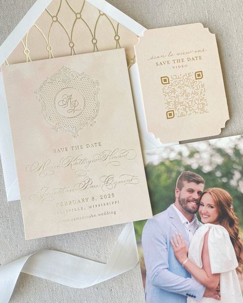 we’ll be swooning over this save the date for a while 🥰💗 featuring dreamy blush suede paper and a beautiful custom wedding monogram that shines in metallic foil, Anna Kate & Pace‘s save the date was tied with a cream silk ribbon and sealed with a coordinating blush & foil envelope liner. we cannot wait to see what unfolds for this cute couple’s wedding invitation suite - stay tuned! Champagne Wedding Save The Dates, Gala Save The Date, Gold And White Save The Date, Gold Foil Save The Date, Save The Date Video, Gold Save The Dates, Custom Wedding Monogram, Cream Silk, Metallic Foil