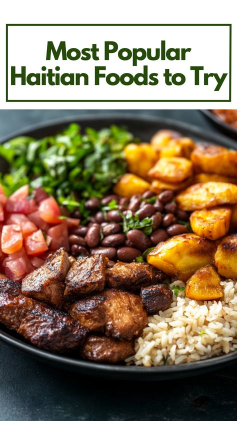 A plate of traditional Haitian dishes featuring griot, tasso, rice and beans, and fried plantains, showcasing the vibrant flavors of Haitian cuisine. Haitian Griot, Haitian Dishes, Haitian Rice, Haitian Cuisine, Tropical Recipes, Okra Stew, Haitian Recipes, Haitian Culture, Haitian Food