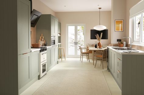 Sage Green Shaker Kitchen, Green Shaker Kitchen, Wren Kitchens, Sage Kitchen, Wren Kitchen, Sage Green Kitchen, Pastel Kitchen, Kitchen Prices, London Kitchen