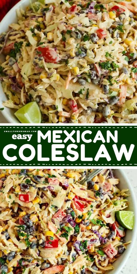 Need some simple salad ideas? This best Mexican Coleslaw is a must-try! Learn how to make Mexican Coleslaw that's bursting with flavor from tomatoes, black beans, corn, jalapeno, and cilantro. A family-friendly, quick, easy side dish that's simple to make! Coke Slaw Mix Recipes, Mexican Coke Slaw, Simple Salad Ideas, Coke Slaw, Mexican Coleslaw Recipe, Corn Jalapeno, Mexican Coleslaw, Mexican Coke, Avocado Salads