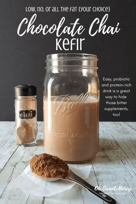 This easy Chocolate Chai Kefir is rich in probiotics and protein, sugar free, and low, no, or all the fat (your choice). Perfect for hiding bitter supplements, too! #kefir #chocolate #chai #recipes #thm Milk Kefir Recipes, Chai Recipes, Kefir Benefits, Chocolate Chai, Kefir Recipes, Milk Kefir, Fermentation Recipes, Fermented Drink, Probiotic Foods