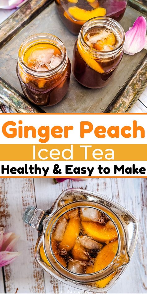 Iced Ginger Tea, Ginger Peach Tea, Healthy Sweet Tea Recipes, Ginger Iced Tea, Sunset Drinks, Peach Iced Tea, Tea Drink Recipes, Peach Ice Tea, Ginger Peach