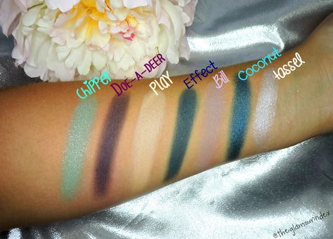 ColourPop Super Shock Eyeshadows: Chipper, Doe-A-Deer, Play, Effect, Bill, Coconut, Tassel. Colourpop Super Shock, Colorful Makeup, Beautiful Makeup, Makeup Inspo, Tassels, Coconut, Makeup, Beauty, Color