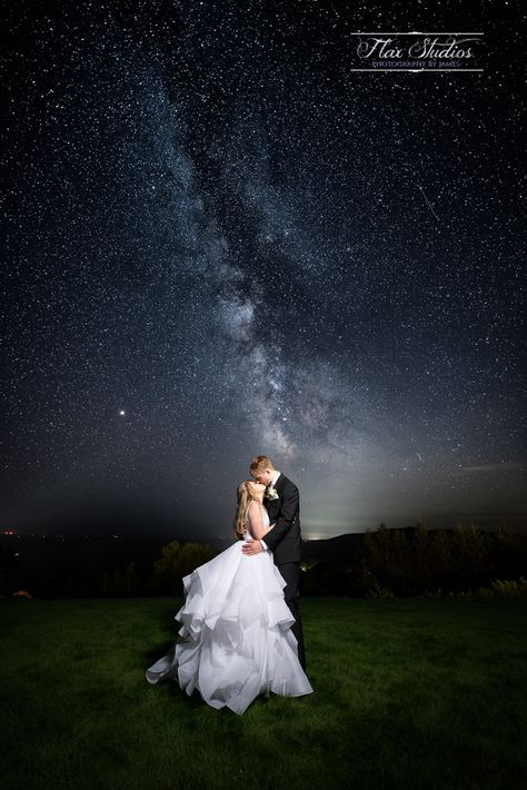 Milky Way wedding #Pointlookout #Nightskyphotography #Mainewedding #nightphotography #Starrywedding Light Trail Photography Wedding, Starry Night Engagement Photos, Starlight Wedding, Snowboard Wedding, Night Wedding Photography, Godox V1, Starry Wedding, Sedona Elopement, Night Wedding Photos