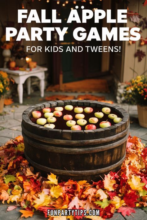 Ready to spice up your fall bash? These apple party games are the pick of the crop! From relay races to taste tests, we've got enough fun to last till the leaves turn. Perfect for fall festivals, trunk or treat games, or backyard hangouts. Easy setup, maximum laughs - what's not to love? Suitable for all ages, these fall games for kids (and adults) will have everyone falling for autumn. So grab your apples and let's get this party started! #FallGames #ApplePartyFun #EasyEntertainment Apple Dunking Game, Fall Party Activities For Teens, Fall Games For Adults Free Printable, Apple Games For Adults, Fall Party Activities For Kids, Fall Party Games For Adults, Fall Games For Adults, Fall Party Ideas For Adults, Trunk Or Treat Games