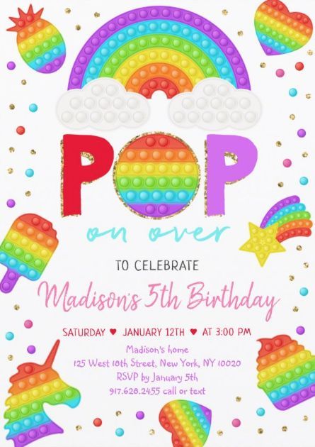 Pop It Party Ideas, Popit Party, Girls Birthday Invitations, It Birthday Party, Pop It Party, Pop It Birthday, It Party, Rainbow Birthday Invitations, Girls Birthday Party Ideas