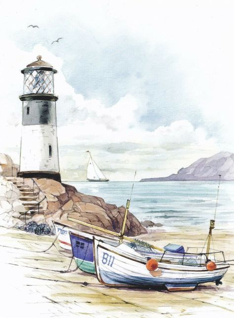 Lighthouse Drawing, Painting On Canvas For Beginners, Canvas Painting Ideas For Beginners, Watercolor Boat, Canvas Painting For Beginners, Beach Art Painting, Black Canvas Paintings, Watercolor Art Landscape, Painting Ideas For Beginners