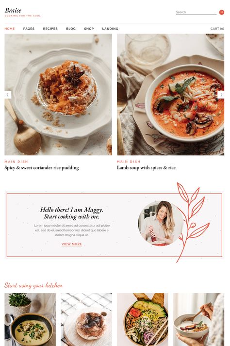 Every successful food blog website starts with a pinch of Braise, a WordPress theme we designed for all your recipes and cooking! The theme packs captivating nutritionist, cooking, cookbook, baking, chef, and recipe card templates, as well as elements for food bloggers, chef recipes, ingredients, organic food, and more. On top of that you also get full Elementor and WooCommerce compatibility, as well as every feature you’ll need to get noticed in the nutrition and recipe community! Food Website Design Layout, Chef Website Design, Food Blog Website Design, Recipe Website Design, Food Blog Website, Chef Website, Baking Website, Website Wireframe, Cooking Website