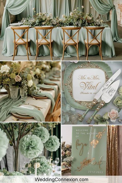 When it comes to choosing a color scheme for your wedding decor, one timeless and elegant choice that is making a big statement in the wedding world right now is sage green. This sophisticated hue evokes a sense of nature, freshness, and harmony, making it a perfect fit for a romantic and enchanting wedding decor. Get ready to fall in love and discover why sage green is the perfect choice for your wedding at WeddingConnexion.com. Sage Wedding Colors Colour Palettes, Seafoam Green Wedding Decorations, Sage Green And Silver Wedding Theme, Sage Indian Wedding, Sage Green Elegant Wedding, Sage Green Venue Wedding, Sage Decorations Wedding, Sage Green Event Decor, Mint Green And Lilac Wedding