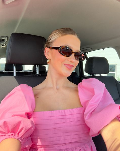 Pink sundress classy style aesthetic sunglasses oval slicked back bun selfie Pink Car Aesthetic, Sunday Thoughts, Car Selfie, Time God, Wanting More, Car Aesthetic, Pink Sunglasses, Pink Car, Oval Sunglasses