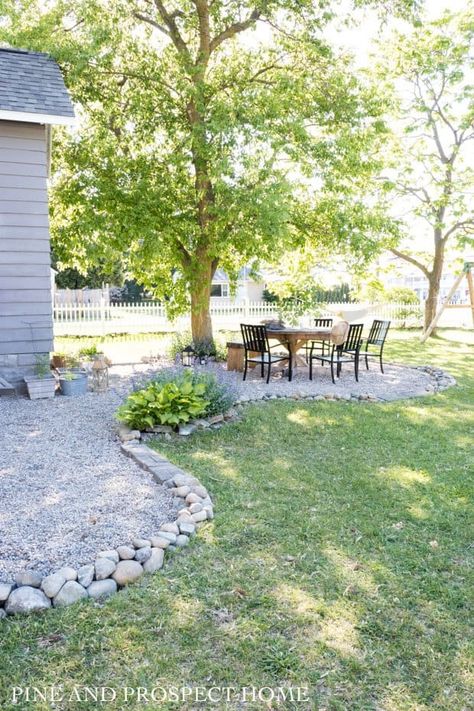 Gravel Driveway Stone Edging, Landscaping With Pea Gravel Backyards, Gravel Front Patio, Pea Gravel Edging, Add Privacy To Patio, Pea Gravel Driveway Edging, Pea Stone Patio Ideas, Diy Backyard Landscaping On A Budget, Pea Gravel Front Yard