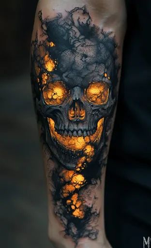 ↑↑↑ Larger size on website 🔸 The image shows a detailed tattoo of a skull on someone's arm. The skull is rendered in a realistic Detailed Skull Tattoo, Fire Skull Tattoo, Skull With Fire Tattoo, Realism Skull Tattoo Design, Glowing Skull Tattoo, Cracked Skull Tattoo, Mexican Skull Tattoos, Burning Inside, Best 3d Tattoos