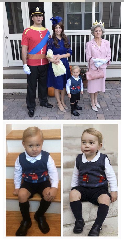 The Royal Family group Halloween costume - Prince William, Kate Middleton, Prince George, and Queen Elizabeth. Best Of British Fancy Dress Costumes, Kate Middleton Halloween Costume, Queen Elizabeth Halloween Costume, British Costume Ideas, Queen Of England Costume, Kate Middleton Costume, Family Fancy Dress, Queen Elizabeth Costume, England Costume