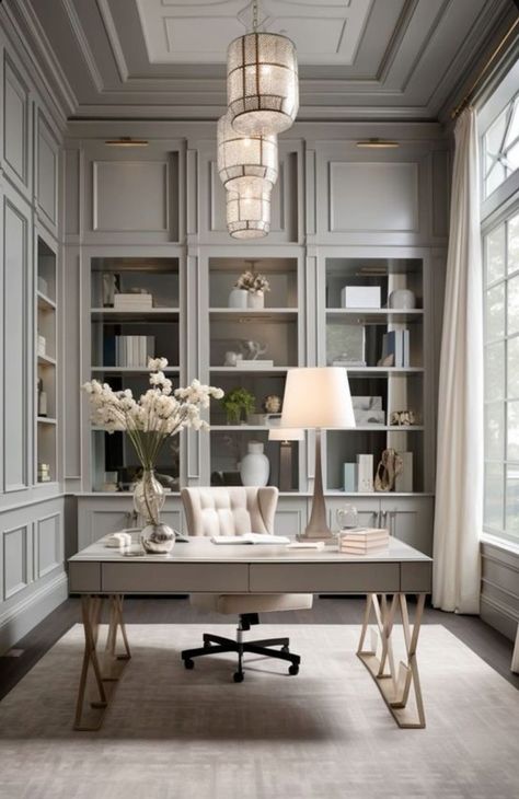 French Modern Office, Neoclassical Office, Cosy Home Office, Lawyer Office Design, Build Office, Beautiful Home Library, French Office, Classic Cabinets, Home Office Closet