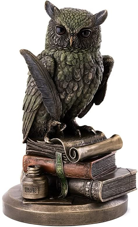 Owl On Books, Owl Wisdom, Owl Statue, Owl Books, Eagle Owl, Feather Pen, Interesting Products, Bronze Figurine, Art & Craft Paint