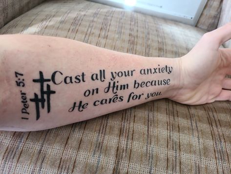 1 Peter 5:7 Tattoo, Biblical Tattoos, Bible Verse Tattoos, Verse Tattoos, 7 Tattoo, Tattoo Forearm, Love Cover, Tattoo Script, Matching Tattoo