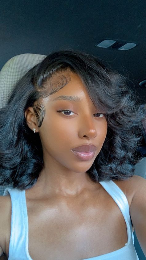 Side Curly Bob Black Women, Short Loose Wave Wig, Md Hairstyles For Black Women, Short Wavy Lace Front Wigs, Short Curly Side Part Sew In, Side Part Short Curly Hair Black Women, Side Part Curls Short Hair, Black Woman Silk Press With Curls, Short Wavy Weave Black Women