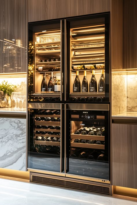 Upgrade to a luxurious kitchen with this sleek, modern wine fridge! The latest kitchen design trends highlight functionality and elegance. Perfect for entertaining guests and showcasing your wine collection. 🍷✨ Discover more in 15 Luxury Kitchen Renovation Essentials to Upgrade Your Home! #KitchenDesign #LuxuryLiving #WineFridge Modern Kitchen Fridge, High End Fridge, Wine Fridges, Home Bar With Wine Fridge, Fridge Luxury, Kitchen With Wine Fridge, Wine Fridge Kitchen, Expensive Fridge, Wine Fridge In Kitchen